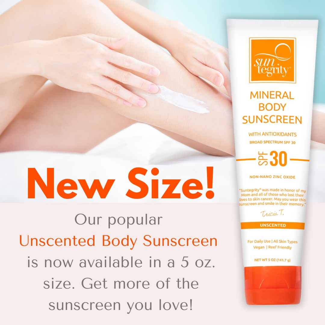 New Size! Our Unscented Mineral Body Sunscreen is now available in 5oz size! #SPF #Suntegrity #NewProductOption