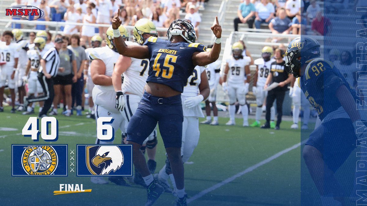FB | FINAL

1-0‼️

<a href="/MarianUFootball/">Marian Football</a> gets a week one win, taking out Judson 40-6 in the season opener!!

NEXT: Marian is coming back to Indy next week to host St. Xavier Saturday night at 6:05 PM for the 2023 Home Opener!