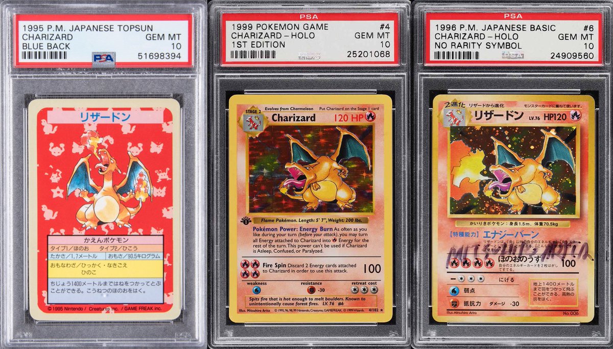 Top 3 most expensive Charizard cards ever 1. 1997 Topsun Blue Back ($493,230) 2. 1999 1st Edition ($420,000) 3. 1996 No Rarity Symbol ($324,000) Top 3 most expensive Charizard cards ever 1. 1997 Topsun Blue Back ($493,230) 2. 1999 1st Edition ($420,000) 3. 1996 No Rarity Symbol ($324,000)
