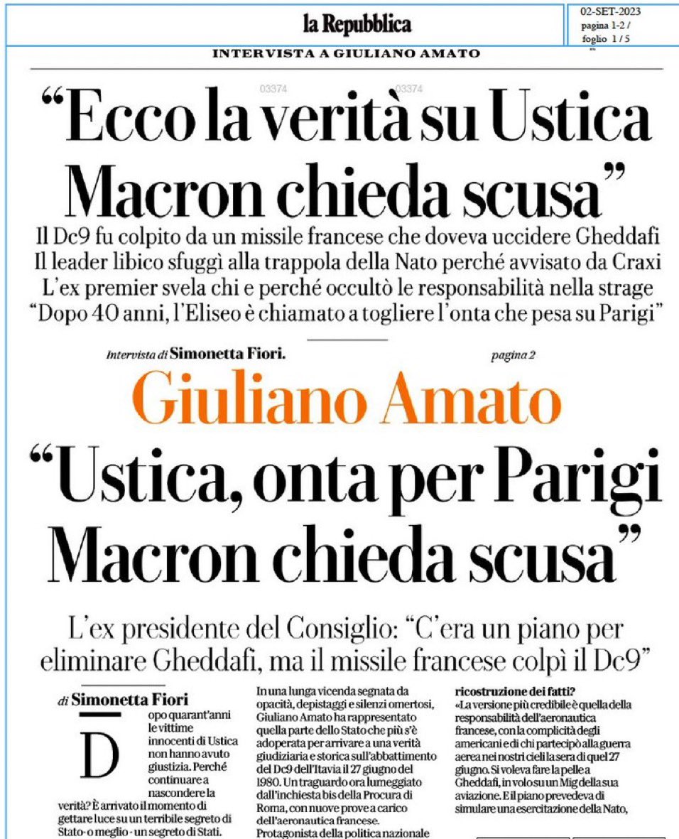 #BREAKING – Former Italian PM, Giuliano Amato, reveals to La Repubblica that the 1980 Ustica air tragedy was caused by a French missile that was meant to assassinate the former #Libya-n leader, Muammar Gaddafi, who was saved after a tip-off from the then Italian PM Bettino Craxi.