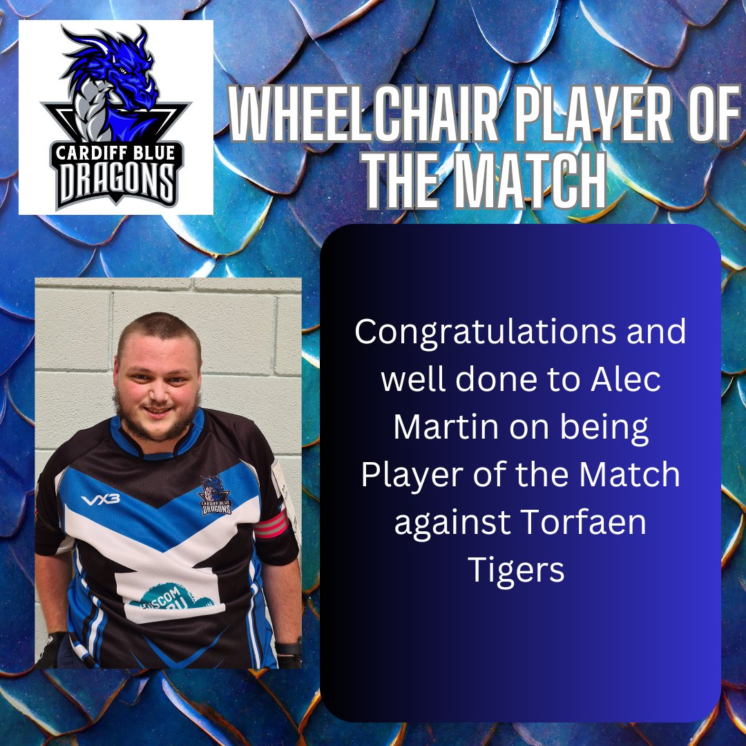 Well done to one of our Co Captains Alec Martin on being awarded Player of the Match for our Wheelchair Team against Torfaen Tigers Wheelchair Rugby League earlier today. #cardiffbluedragons #wheelchair #inclusivesport #inclusionmatters #dragonfamily