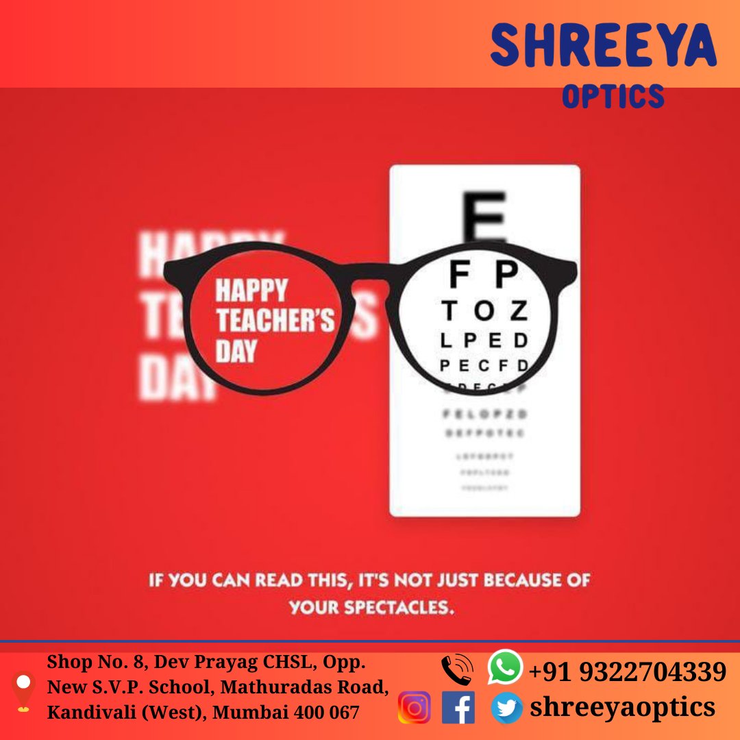 shreeyaoptics's tweet image. When one finds the true Teacher,
one can conquer half the world.
This Teacher&apos;s Day give a gift to those who had
created vision in your life.
Happy Teacher&apos;s Day..!!

#guru #lifeteachers #visionprovider #style #optician #peoplechoice
#specs #lens #sunglasses #gift #eyecare