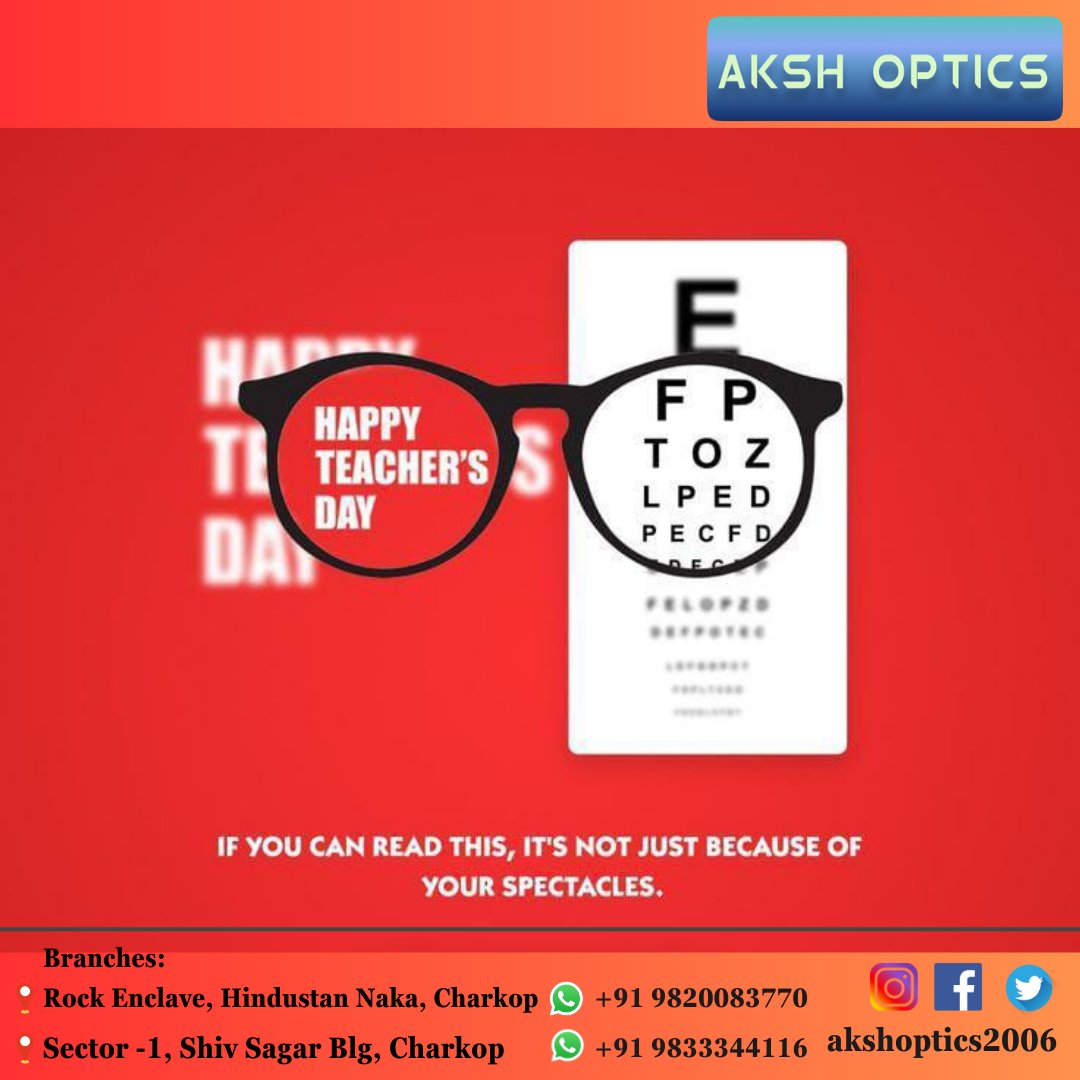KshamaBarbhaya's tweet image. When one finds the true Teacher,
one can conquer half the world.
This Teacher&apos;s Day give a gift to those who had
created vision in your life.
Happy Teacher&apos;s Day..!!

#guru #lifeteachers #visionprovider #style #optician #peoplechoice
#specs #lens #sunglasses #gift #eyecare