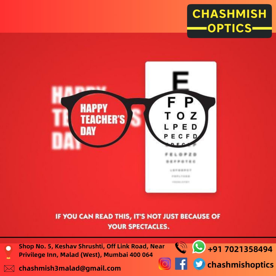 ChashmishOptics's tweet image. When one finds the true Teacher,
one can conquer half the world.
This Teacher&apos;s Day give a gift to those who had
created vision in your life.
Happy Teacher&apos;s Day..!!

#guru #lifeteachers #visionprovider #style #optician #peoplechoice
#specs #lens #sunglasses #gift #eyecare