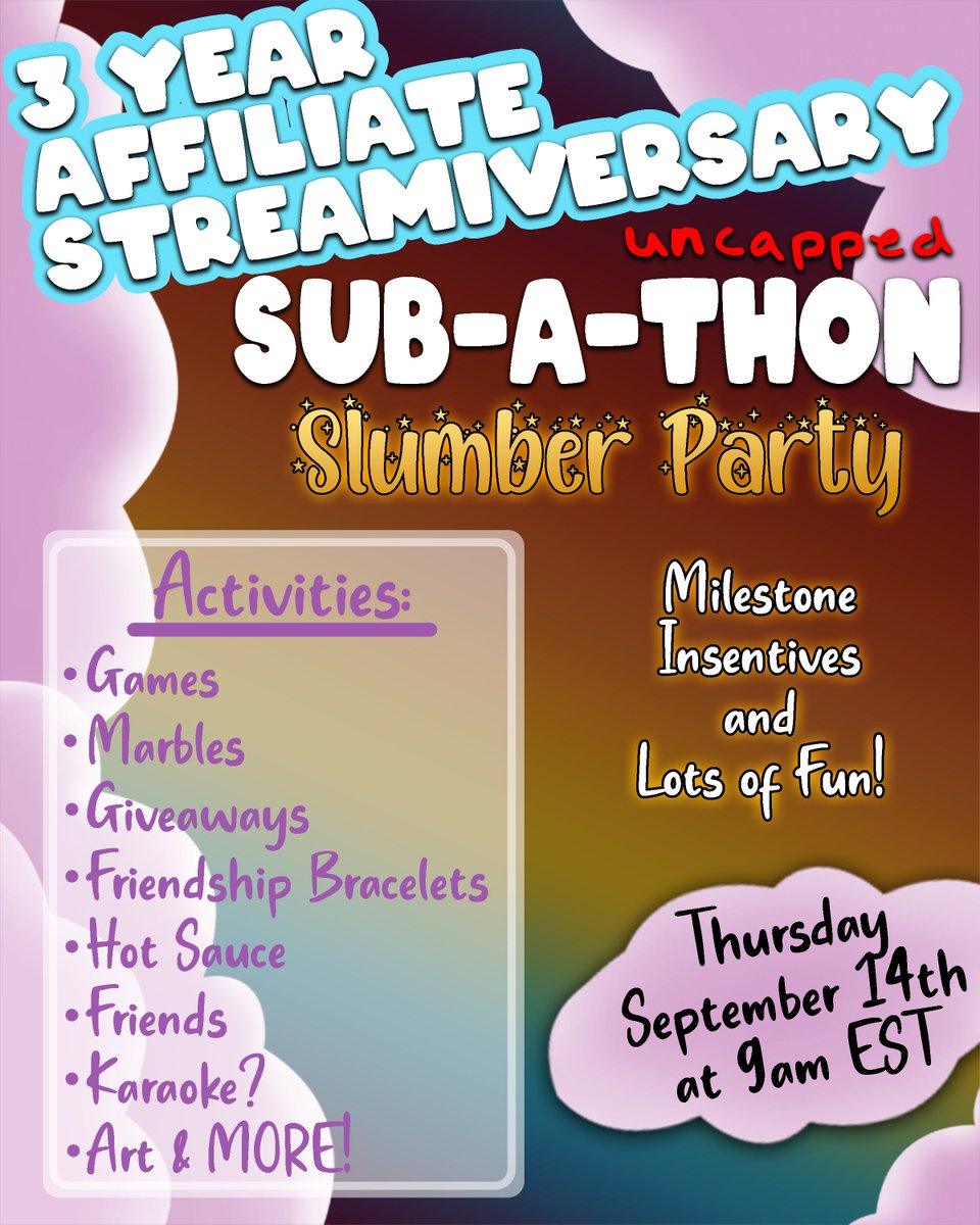 3 years doing this crazy thing! I'm so excited to celebrate with you all during my 3 year streamiversary subathon slumber party! So many games, so much marbles, and so much fun whether we go 4 or 40 hours its going to be a blast 🩷