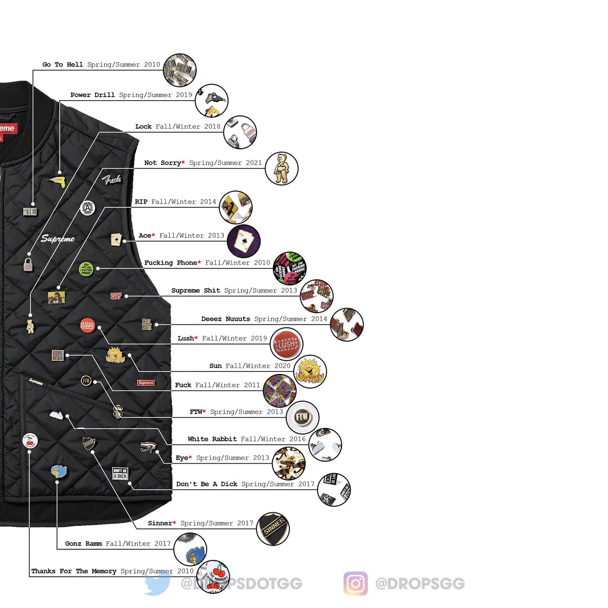 All of the Supreme pins featured on the Pins Quilted Work Vest