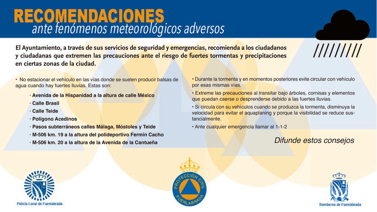 ATENCIÓN 
Se recomienda a la ciudadanía que extremen la precaución tras la confirmación del nivel rojo en la Comunidad de Madrid. 

Y que, ante cualquier emergencia, llamen al 📞112.

#ASEM112