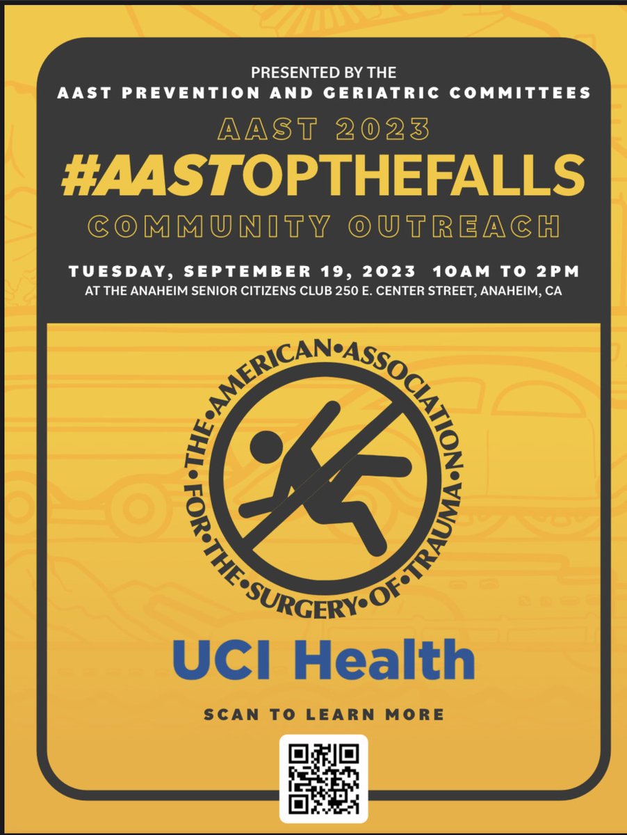 BurrussSigrid's tweet photo. AAST Stop the Falls Symposium Sep 19th. Lots of great speakers including ⁦@theduncmaster⁩ and ⁦⁦@topknife⁩. Plus Tai Chi demonstration from Tustin Shaolin Martial Arts. ⁦@traumadoctors⁩ ⁦@traumadoctorsam⁩ https://t.co/GBAALFkLUF