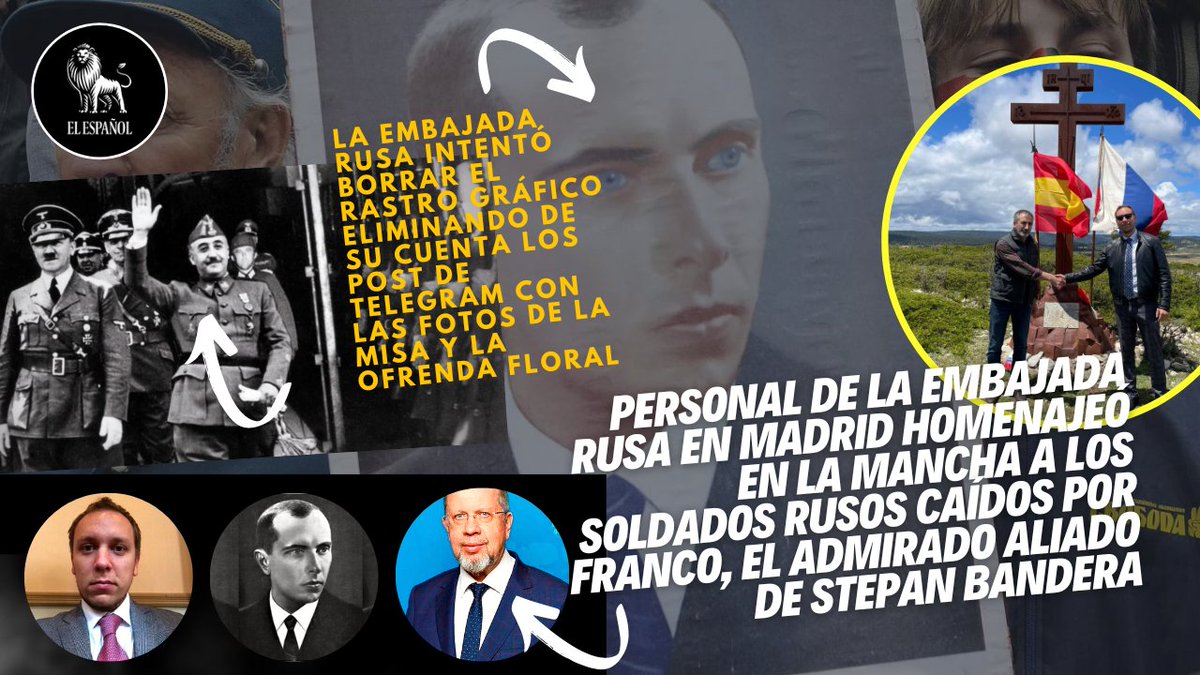 ferranbarber's tweet photo. 𝐋𝐀 𝐄𝐌𝐁𝐀𝐉𝐀𝐃𝐀 𝐑𝐔𝐒𝐀 en Madrid 𝐇𝐎𝐌𝐄𝐍𝐀𝐉𝐄𝐀 𝐀 𝐋𝐎𝐒 𝐂𝐀𝐈́𝐃𝐎𝐒 𝐃𝐄 𝐅𝐑𝐀𝐍𝐂𝐎. Mañana, en PORFOLIO de @elespanolcom . En un pueblo manchego, un consejero de @EmbajadaRusaRu rinde un sentido homenaje a los zaristas de Franco, amigo personal de Bandera. https://t.co/N8WrLwRlX6