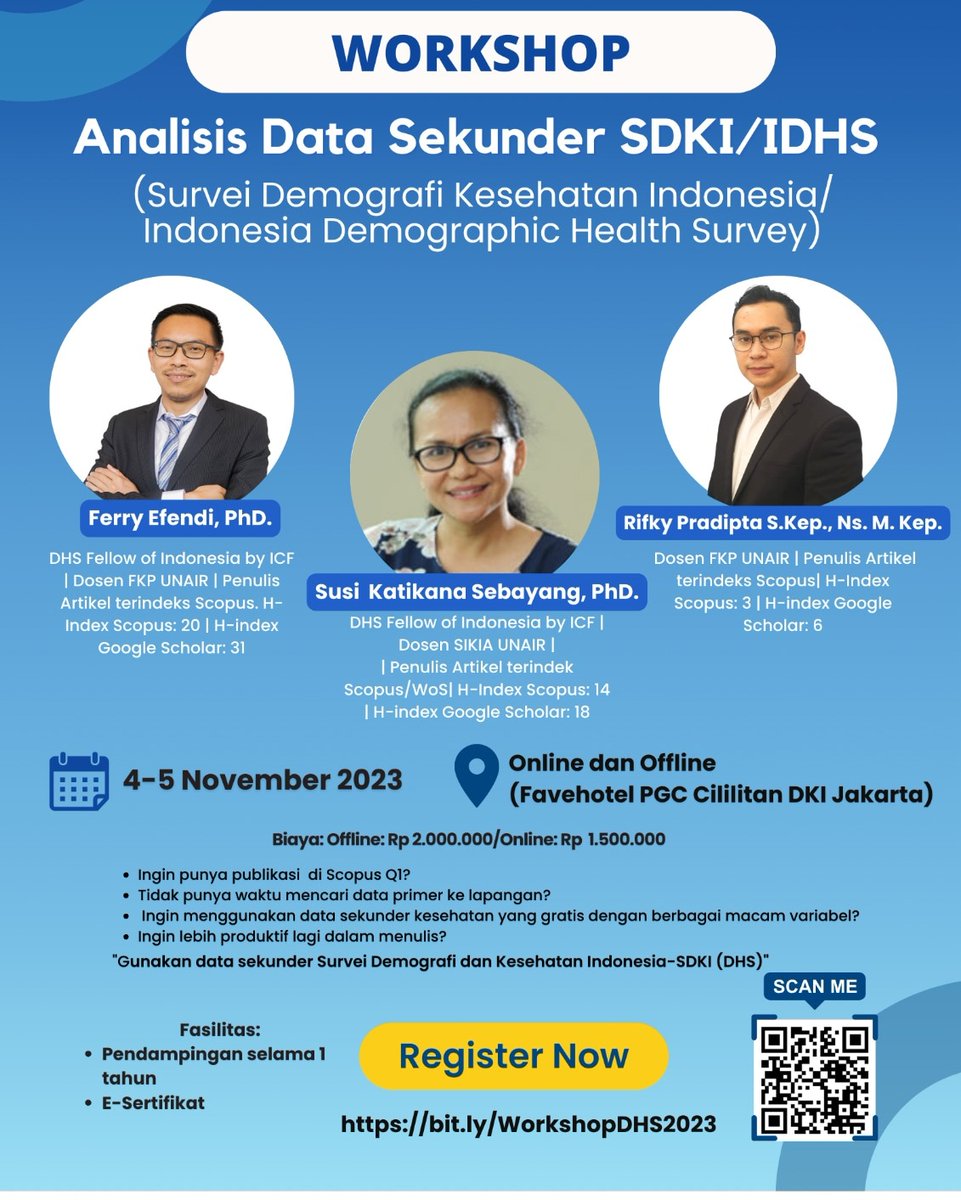 ferryefendi_10's tweet photo. *"Workshop Analisis Data Sekunder - SDKI 2023"*. Ingin punya publikasi di *Scopus Q1*? Tidak punya waktu mencari data primer ke lapangan?
 Join us!  Pendaftaran di https://t.co/aa6CpdIMbB https://t.co/0MFUK5F9aU