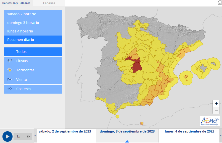 ⚠️Aviso rojo (peligro extremo) por lluvias en la Comunidad de Madrid (sur, vegas y oeste) y en la provincia de Toledo (la Mancha toledana). Se pueden acumular más de 120 l/m² en doce horas este domingo. Son cantidades extraordinarias que pueden generar gran impacto. ¡Precaución!