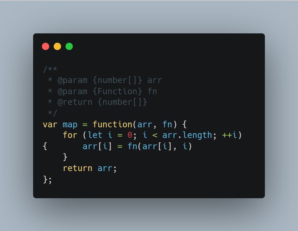 This code defines a function called map. This function takes two arguments: an array and a function. The function is called a callback function.
#AlgorithmSeptember #WebDevelopment #JavaScript #Algorithms #Careerwise #AlgoSept #RebaseAcademy #30daysAlgo