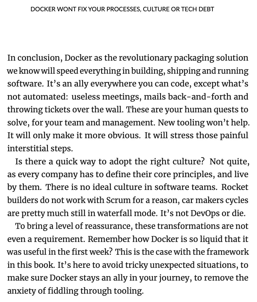 Docker won't fix your processes, culture or tech debt

from the upcoming book yep.so/p/from-dockerf… #writeinpublic