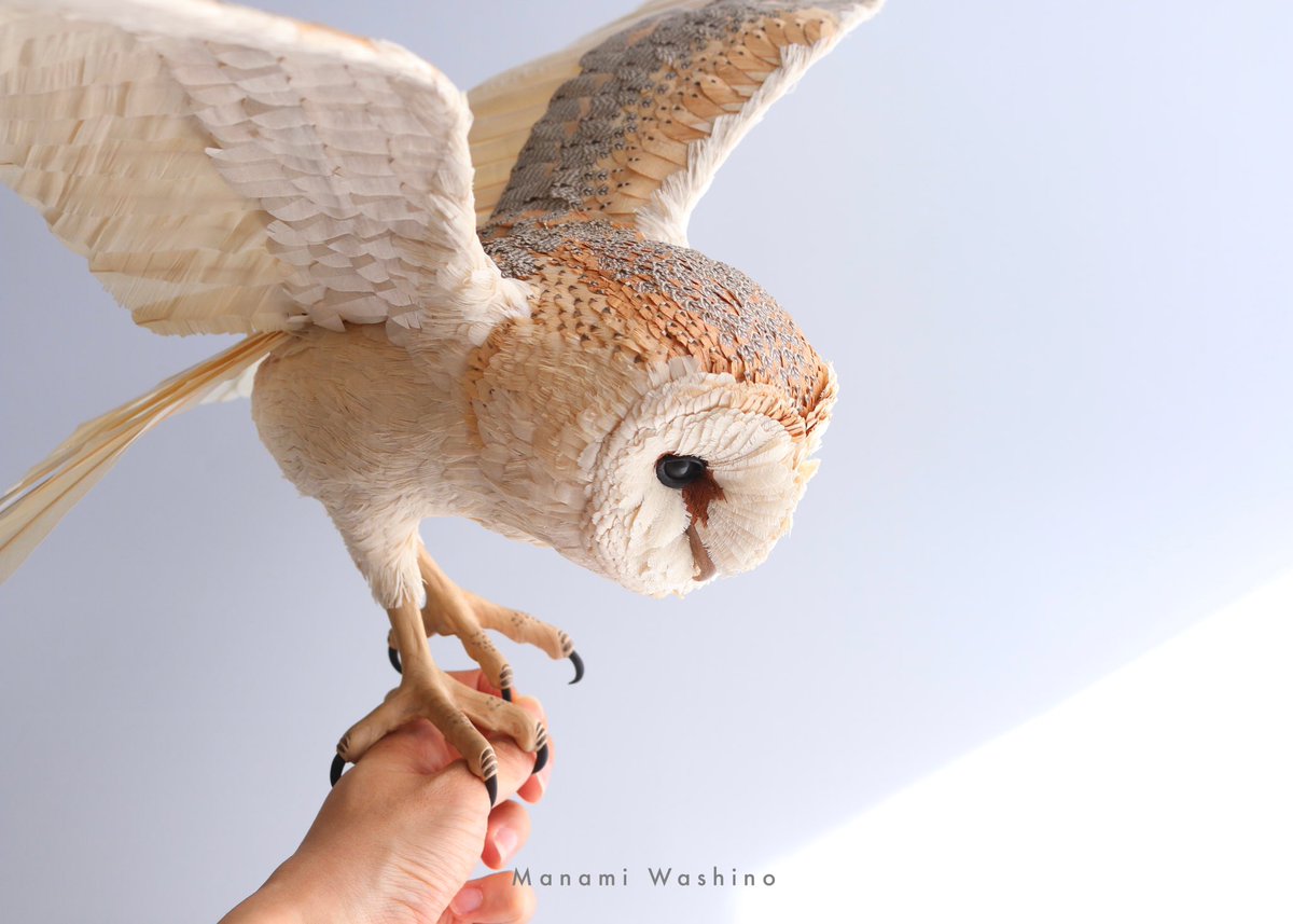 木でメンフクロウを作りました 羽根の一部に、寄木細工の手法を