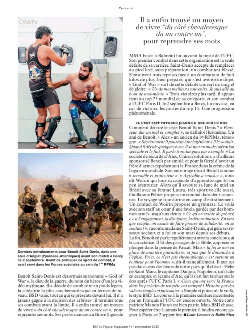 jchribuisson's tweet photo. Le portrait de #BenoitSaintDenis dans @FigaroMagazine_ par @LouisLecomte_ lui a porté chance puisqu 'il a remporté ce soir haut-la-main son combat #UFC légers. Ses anciens compagnons des forces spéciales peuvent être fiers du "God Of War" ! https://t.co/7FJQ49qwZj