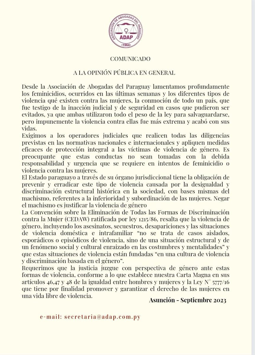 ADAPabogadas's tweet photo. La @ADAPabogadas Exige a los operadores judiciales que realicen todas las  diligenciss y apliquen las normativas y medidas establecidas en las normas nacionales e internacionales  eficaces de protección  a todas las víctimas de violencia de Género. Basta de feminicidios!! https://t.co/nwjSuNufWv