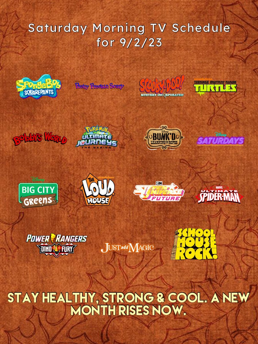 8train's tweet photo. This is what I’ve been through on TV, but there’ll be more to figure out than looking back. Enjoy your first weekend of September’23! #SaturdayMorningCartoons #throwback #PowerRangers #TheLoudHouse #TMNT #ScoobyDoo #Pokemon #JustAddMagic #SpongeBob #SpiderMan @Marvel https://t.co/IPIZztIRM9