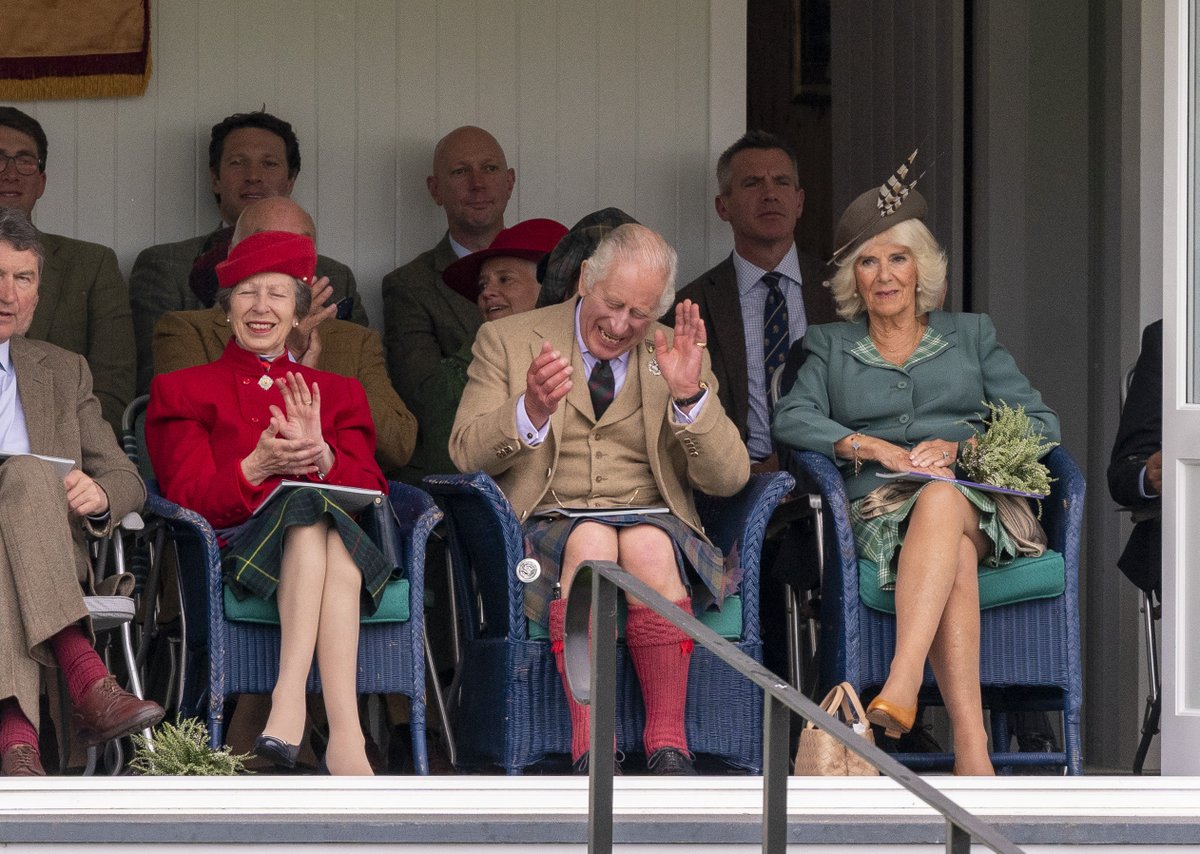 HM King Charles with HM Queen Camilla, together with the Kings sister HRH Princess Anne.. not all of them of them enjoyed the Braemar games