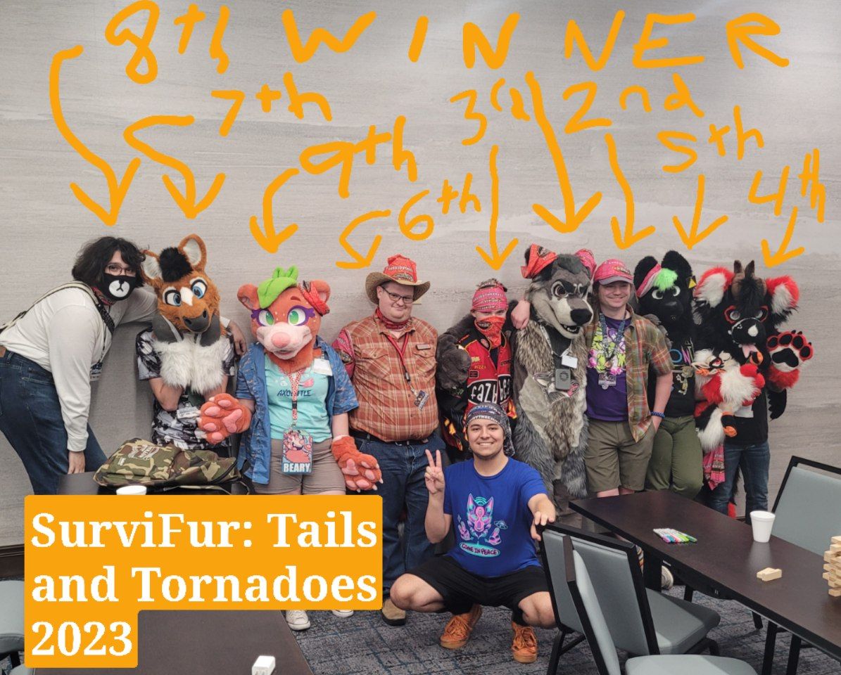 CassidyTheCivet's tweet photo. The attendees have spoken! 🔥
SurviFur went down for the second year running at #TTFC23 last night, and in the first ever 10 person game, crowned it's first ever 2-time winner! Kal would narrowly win in a 3-2-0 after winning last year at TTFC in a 5-0-0 sweep! Thanks everybody!🧡 https://t.co/dOe9DvOFt8