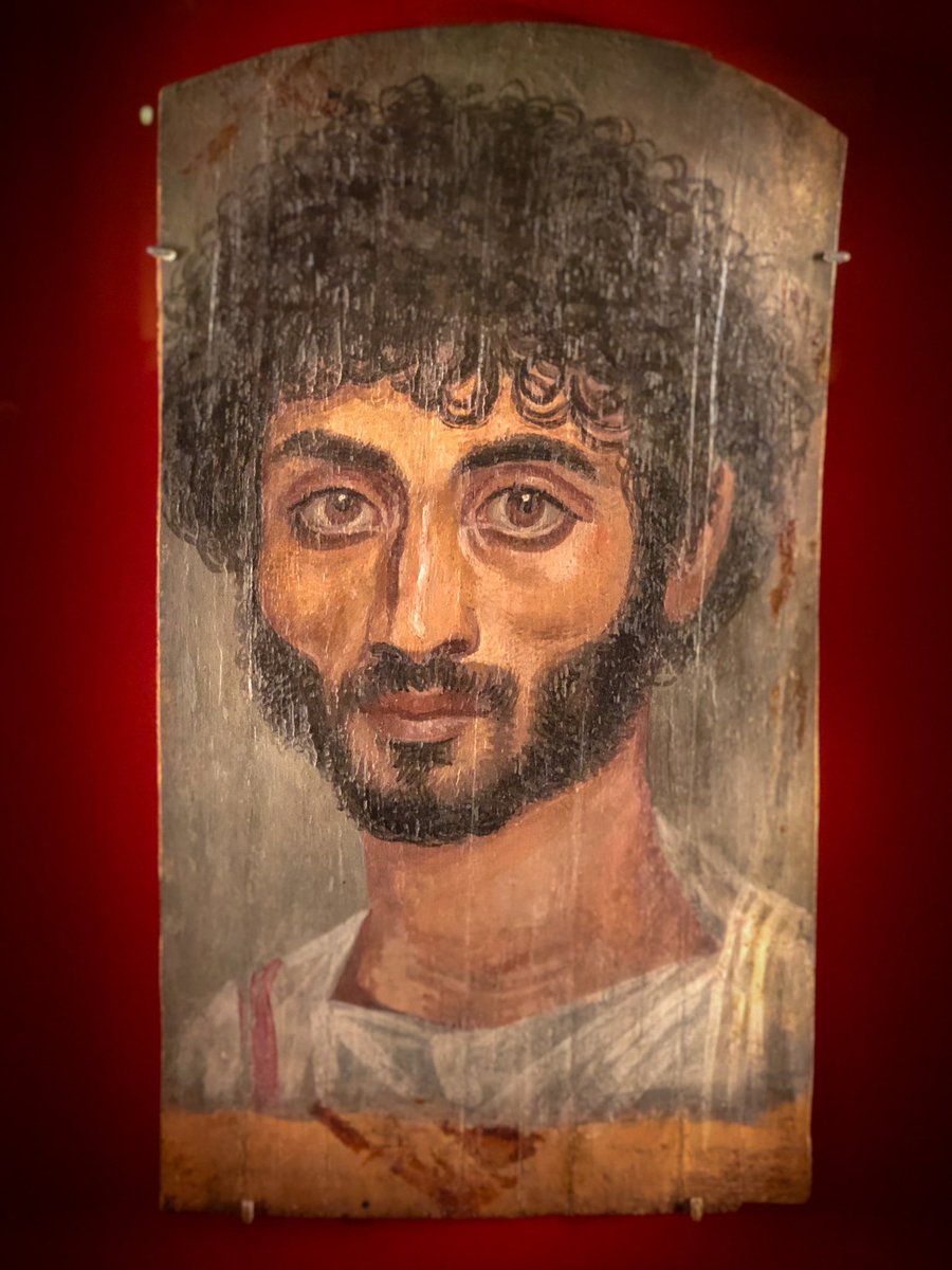 For #WorldBeardDay, the face of a young man from Roman-occupied Egypt peers out at us through the millennia. His intense large-eyed gaze and gaunt face are striking. 

Encaustic (wax) paint mummy portrait, ca. 160-180 CE. #MetMuseum