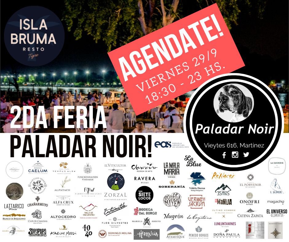 Ahora si! Estas son las 52 bodegas y 4 emprendedores confirmados para la Feria Paladar Noir 
#YoVoy #ElVinoune 
Abro hilo 

<a href="/BudeguerBodega/">BodegaBudeguer</a> 
Delator de Sueños
Lattarico 
Belasco de Baquedano 
Equilibrio Imperfecto 
<a href="/BodegaCaelum/">Bodega Caelum</a> 
<a href="/MartinoWines/">MartinoWines</a> 
Chañarmuyo
<a href="/ClosdeChacras/">Clos de Chacras</a> 
Sarapura