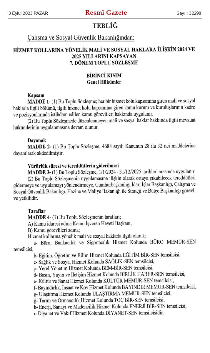 MemurSenKonf's tweet photo. Hakem Kurulu Kararı Resmi Gazete'de Yayımlandı

2024-2025 yıllarında kamu görevlilerine ve emeklilerine uygulanacak mali, sosyal ve özlük haklarını içeren 7. Dönem Toplu Sözleşme metni Resmi Gazete'de yayımlandı.

1 Ağustos itibariyle başlayan toplu sözleşme görüşmelerinde; tamamında yetkili olduğumuz 11  hizmet kolumuz ve genel toplu sözleşme kapsamında 22 gün gece-gündüz demeden emek sarf ettik. 

Tasnif-değerlendirme-müzakere sürecinin ardından; enflasyon karşısında ezilen maktu tutarların katsayıya çevrilmesi, kapsamının genişletilmesi, yeni hakların/hükümlerin elde edilmesi gibi birçok kazanımla 11 Hizmet Kolumuzun tamamında toplu sözleşme müzakerelerini uzlaşma ve yeni kazanımlarla tamamladık.

24 Temmuz itibariyle Kamu İşvereni'ne ilettiğimiz tekliflerimizin haklılığı hem kamu görevlilerimiz tarafından takdir hem de resmi kamu kurum ve kuruluşları tarafından tespit edildi. 

Gerek içinde bulunduğumuz mali yıla gerekse de önümüzdeki 18-30 aya ilişkin enflasyon beklentileriyle uyumlu tekliflerimiz; Memur-Sen'in akademik sendikacı anlayışını tescilledi.

Tekliflerimizin makuliyeti kamu görevlilerimiz tarafından anlaşılırken, hükümeti temsilen Kamu İşvereninin hem yeterli teklifi getirmeme hem de enflasyon altında artı��ta ısrarcı olma eylemi Genel Toplu Sözleşmenin uzlaşmazlıkla ve 50 maddeyi içeren Toplantı Tutanağı ile tamamlandı.

Memur-Sen'in teklifleri üzerinden yürütülen Hakem Kurulu'nda da tekliflere objektif gözle bakma, adil karar verme iradesinden uzak duruldu.

Bütün aşamasını ve her bir anını şerh kısmında geniş içerik ve ekonomik değerlendirmelerimizle anlattığımız Hakem Kurulu kararının, kamu görevlilerine ve emeklilerine hayırlı olmasını temenni ediyoruz.

◾️ 7. Dönem Toplu Sözleşme Hizmet Kolları Kazanımları
https://t.co/OwflTTY5wU

◾️ 7. Dönem Toplu Sözleşme Genele Yönelik Kamu Görevlileri Hakem Kurulu Kararı
https://t.co/T5xxDts65o