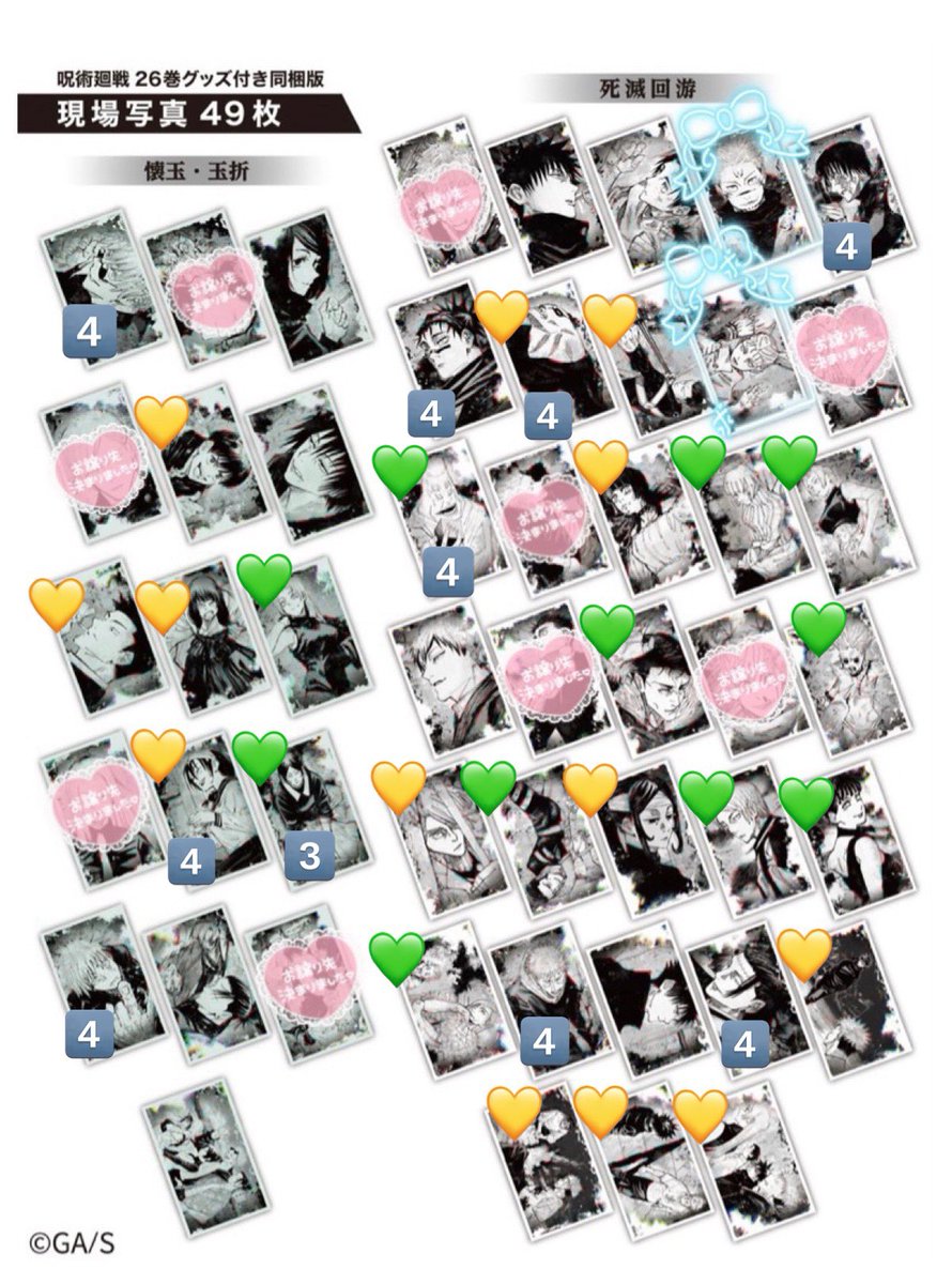 oyoyo4242's tweet photo. 【交換】呪術廻戦　26巻　グッズ付き同梱版　現場写真
譲：画像(数字記載なしは各5)
求：宿儺>>>西宮

✦宿儺含む交換のみ
✦西宮は💚💛との交換のみ
✦郵送のみ
✦長期間のためFF様優先
✦💚>💛含むまとめての方優先

一部お声掛け中のためお返事にお時間頂きます。
よろしくお願い致します🕊️ https://t.co/hZynu5nHI9