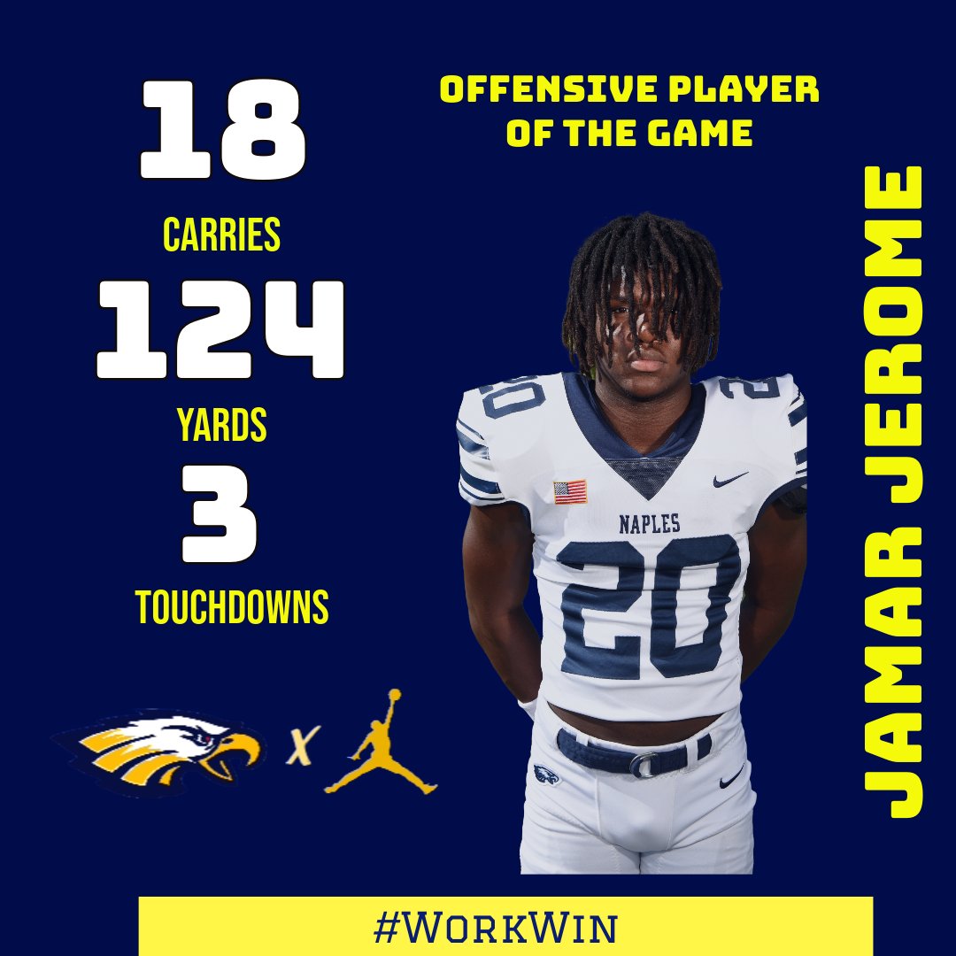 naplesfootball's tweet photo. Congratulations to our Offensive Player of the Game vs. Dillard: RB Jamar Jerome (@J2marrr)
  #NaplesFootball #WorkWin 🦅 https://t.co/w8XETcvdq7