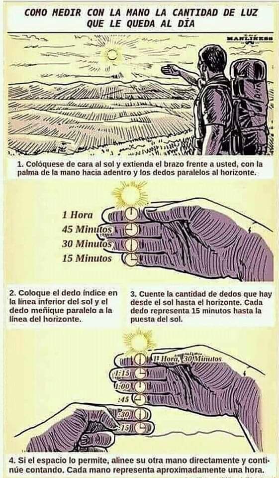 Esta es una manera sencilla, aunque no del todo precisa, pero efectiva para estimar cuánto tiempo de luz solar queda cuando estás explorando lugares desconocidos. 

A veces, no tienes acceso a un reloj o dispositivos móviles, o puedes quedarte sin batería, pero aún deseas saber