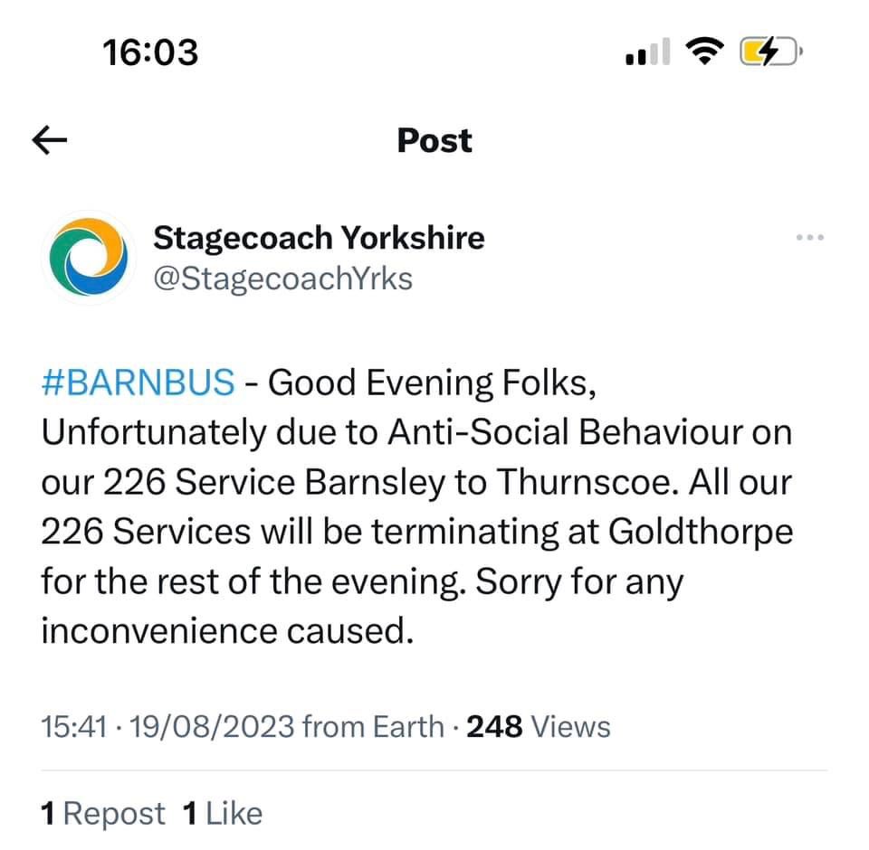 DALEPALMER82's tweet photo. @Steph_Peacock you’re right, can’t rely on the police to control ASB either so now every time stagecoach get the slightest excuse they stop running buses for weeks into our village. What a world we live in where naughty kids stop buses running and the police allow it to continue https://t.co/JHJrKxjoW0