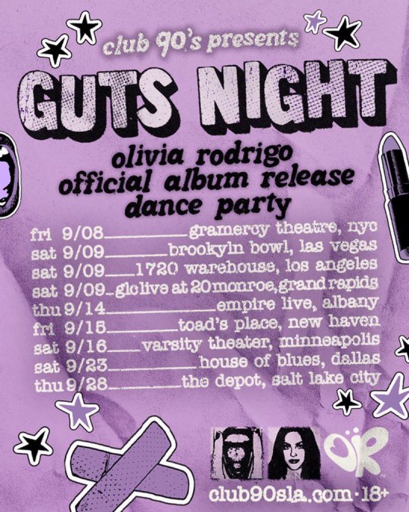 concertleaks's tweet photo. 🩸GIVEAWAY🩸

@Club90sLA will be throwing the official Guts release parties this month, and they’ve given me tickets to give away for each event!

to win a pair of tickets:
• Retweet
• Follow @concertleaks &amp; @Club90sLA
• Reply with your city 

winners will be picked next wed. https://t.co/scesx9qlLH