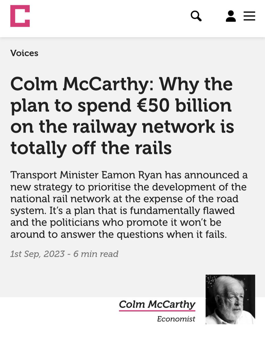 Feljin_J's tweet photo. Colm McCarthy, who predicted that both the DART and the Luas would be failures, is now predicting that expanding our rail network will be a failure. I'm now more convinced than ever that it will be a roaring success. https://t.co/lN0wX8VmIN