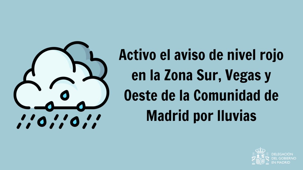 ⚠️ Activo el aviso de nivel rojo en la Comunidad de Madrid por lluvias ⛈️.

🕛 Desde las 12:00h. del 3 de septiembre hasta las 00:00h. del 4 de septiembre.

➡️ Zonas afectadas: Sur, Vegas y Oeste. 

💧Se prevé una acumulación de más de 120 l/m² en doce horas.