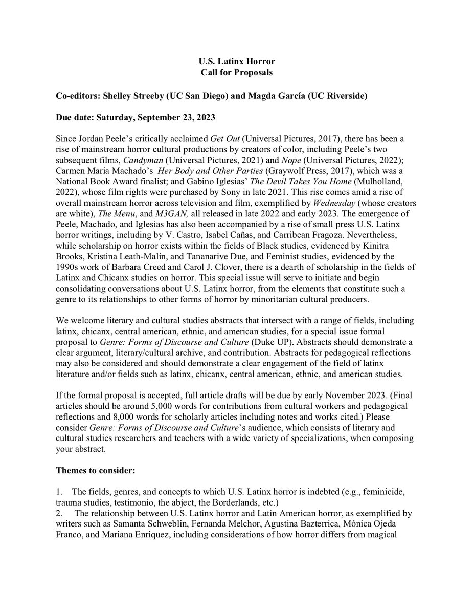RobertoMaciasJr's tweet photo. Sharing this CFP on U.S. Latinx Horror co-edited by Shelley Streeby and Magda García https://t.co/rDsV1WMsnF