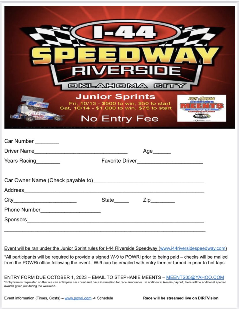 Attn Jr Sprint teams - pay increase for the 19th Annual Charlene Meents Memorial presented by <a href="/Driven2Save/">Driven2SaveLives</a> 

Friday, October 13th - $500 to win and $50 to start the A-main

Saturday, October 14th - $1,000 to win and $75 to start the A-main