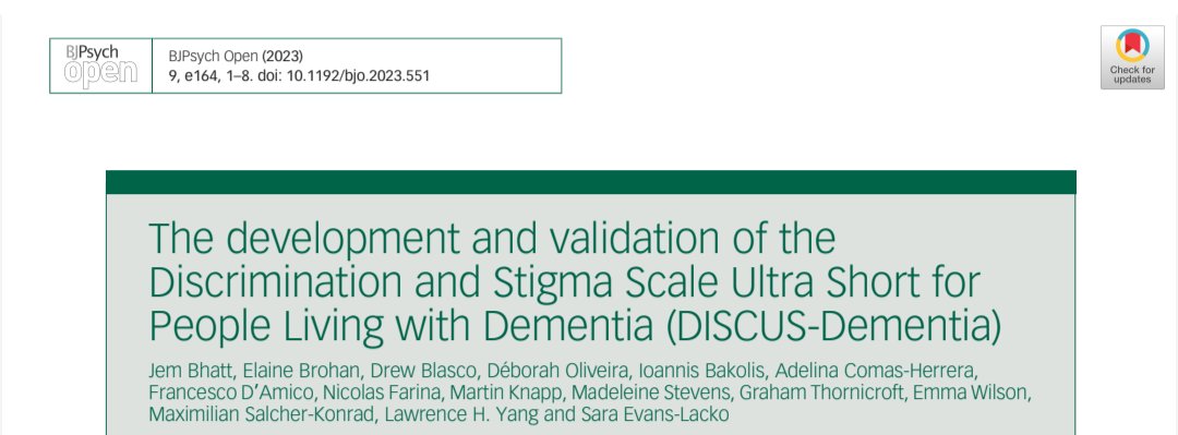 Pleased to see this work published using essential data from the #WorldAlzheimerReport2019 @AlzDisInt @LSEnews #Discrimination and #Stigma Scale Ultra Short for People Living with #Dementia (DISCUS-Dementia) pubmed.ncbi.nlm.nih.gov/37650126/ #WorldAlzheimersMonth