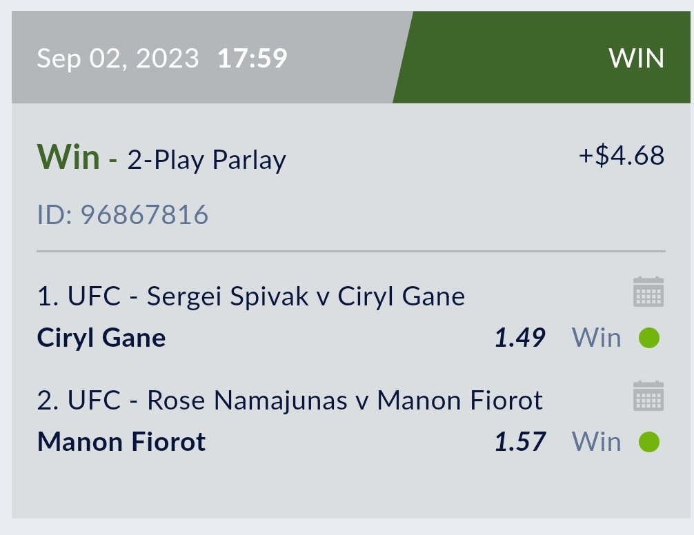 Jonny_Picks's tweet photo. Last minute Fiorot&amp;Gane parlay after I seen Trevor Wittman wasn't in Rose's corner

Im rly confused as to why she did that, when Pat costed her the last fight against Carla with his terrible corner work. Trevor is one of the best coaches in MMA; hard to replace 
#UFCParis #Parlay https://t.co/JsKy2TMHLU