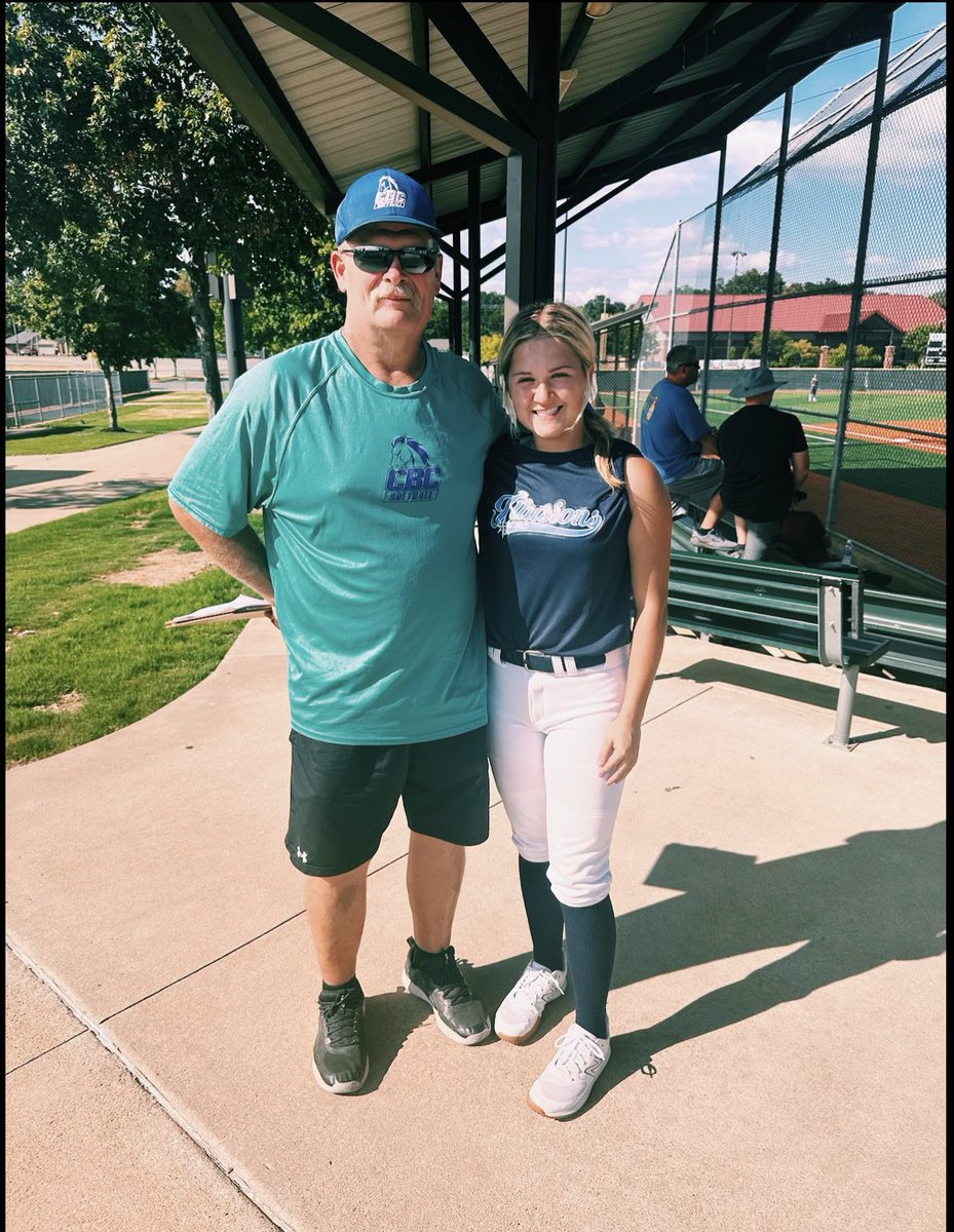 g1impact1's tweet photo. G1 Impact 18u newcomer, Nora Falcon ‘24, showed her skills at the Central Baptist College softball camp in Conway AR! Nora is pictured with Coach Keith Hinson. @CBCMustangSBall @falcon_nora06 https://t.co/ItSe1vxP3Y