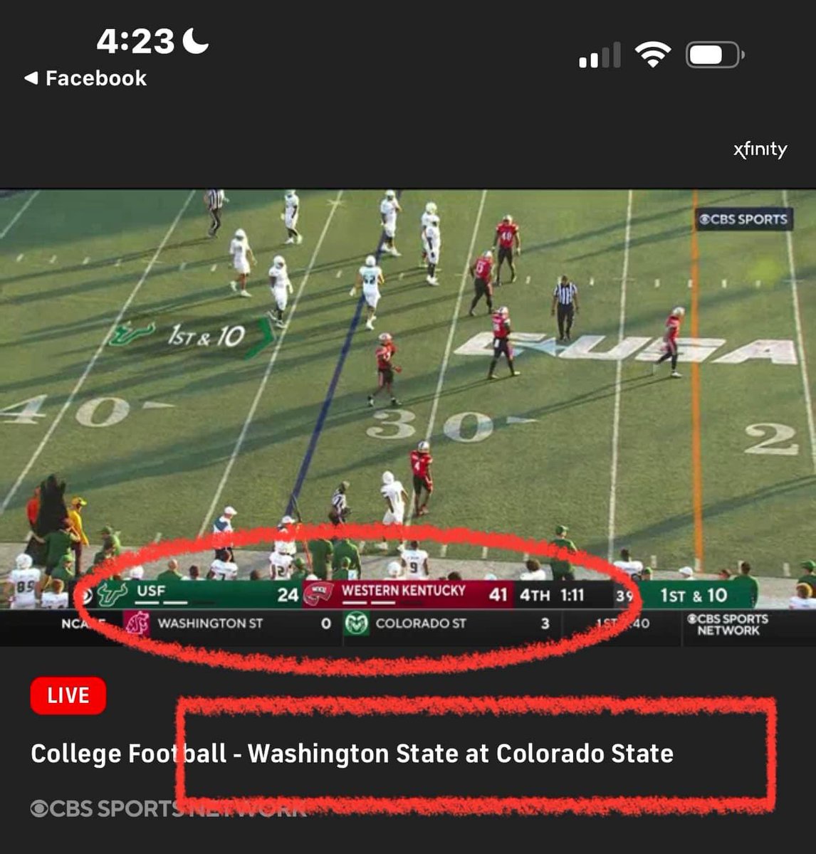 heidiberday's tweet photo. @CBSSports 

So on behalf of CougarNation your broadcast instructions ; repeatedly told everyone to stream on your app or the web to watch the WSU v CSU game we’re wrong. and missed most of 1 qtr… please hire more technology staff for multi stream or split screen https://t.co/9mGImN4YzR