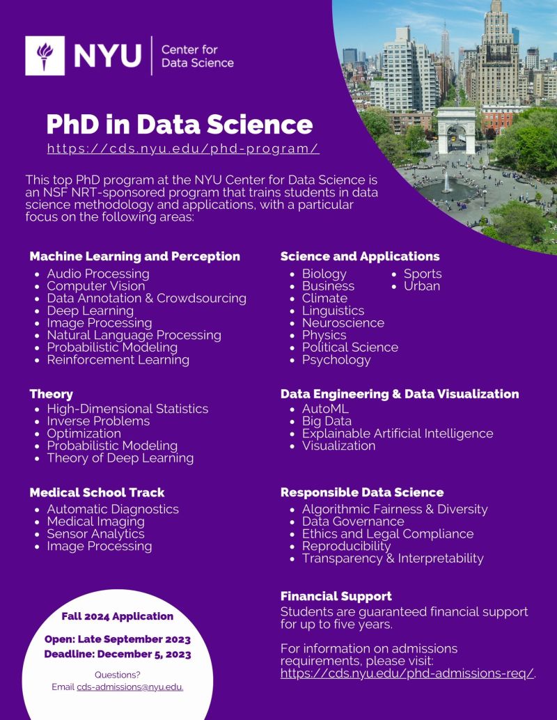 Hussein_smk's tweet photo. Applications for the NYU Center for Data Science PhD program will open soon with a December 5th deadline! Check out our PhD Admissions flyer for information on our research areas and how to apply. https://t.co/SDS6GSHbHn