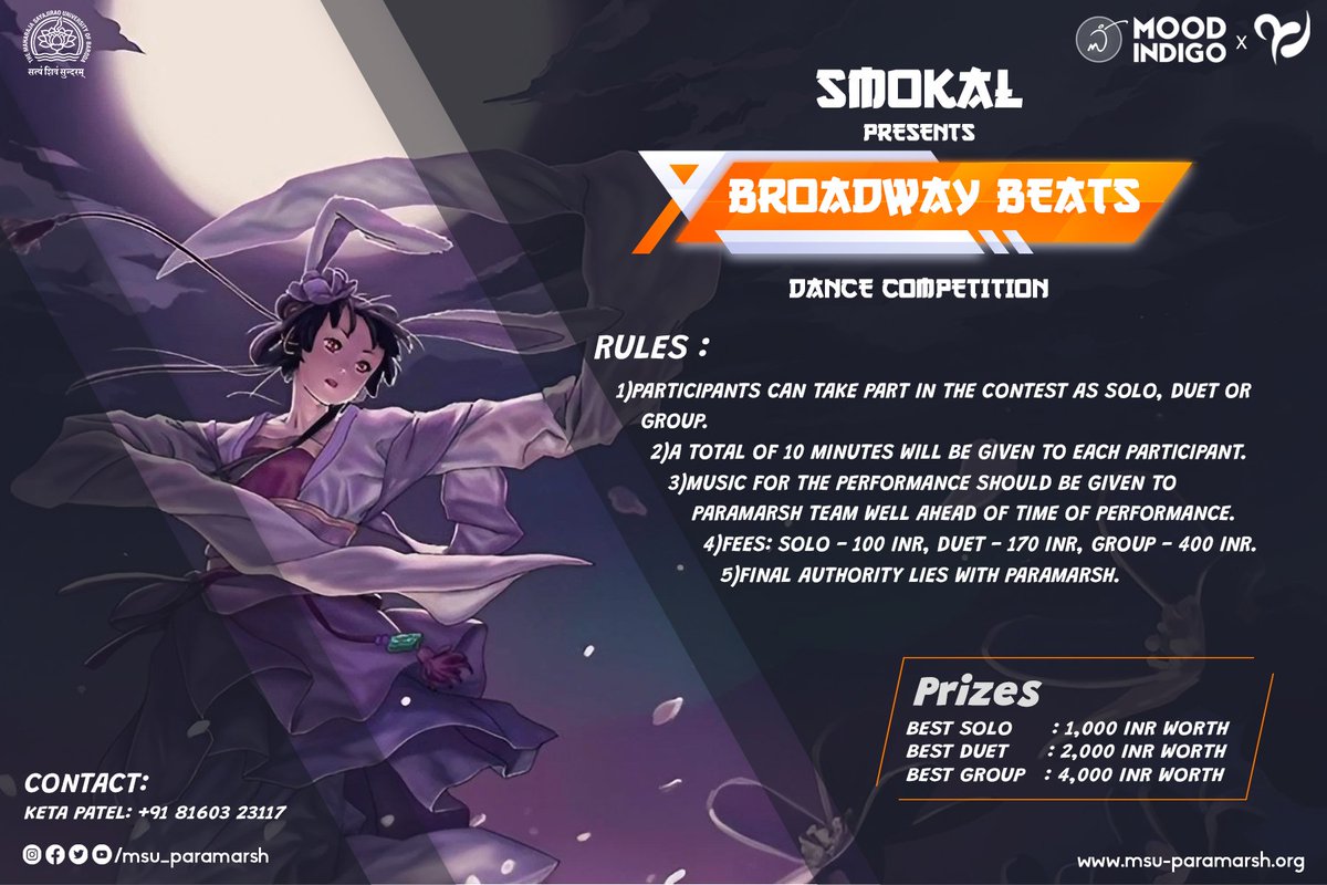 MSU_Paramarsh's tweet photo. Experience the true essence of your feelings, both earthly and spiritual, through the art of dance. If you have what it takes, enlist now in Broadway Beats, the platform where you can enthrall audiences with your blazing dance routines. https://t.co/M6YNXYixw8