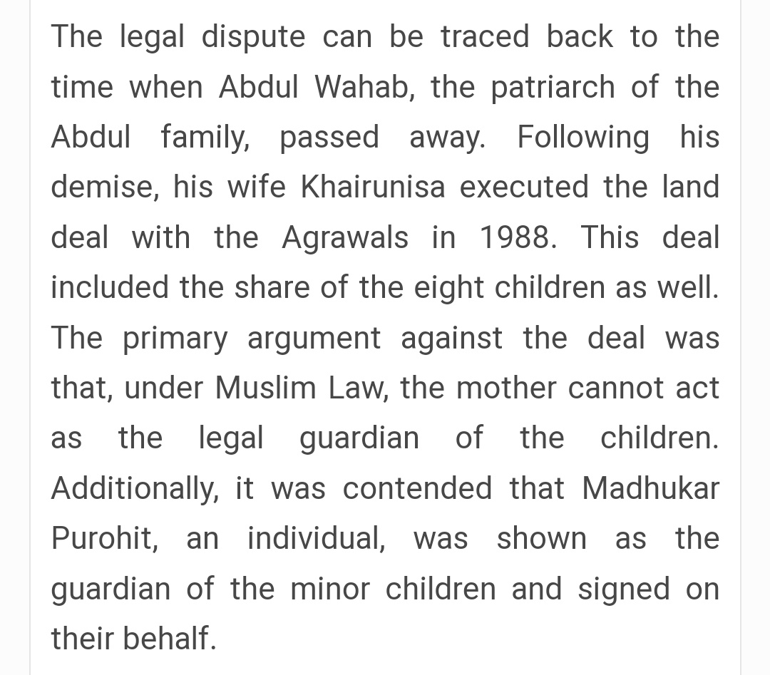 VishalBhargava5's tweet photo. Things that happen in India

Nagpur Court rejects Godrej plea.

Abdul Wahab passes away in 1988
Wife sells land to Agrawals in 1988
Godrej buys it from Agrawals in 2022 for ₹227 crore. 
Starts advertising
Abdul's family goes to court
Says under Muslim Law, mother can't serve as natural guardian
Godrej contests case saying it exceeds the applicable limitation period
Court says No. 
Period of limitation under Muslim law BEGINS not from date of individual's death. But from express denial of title.