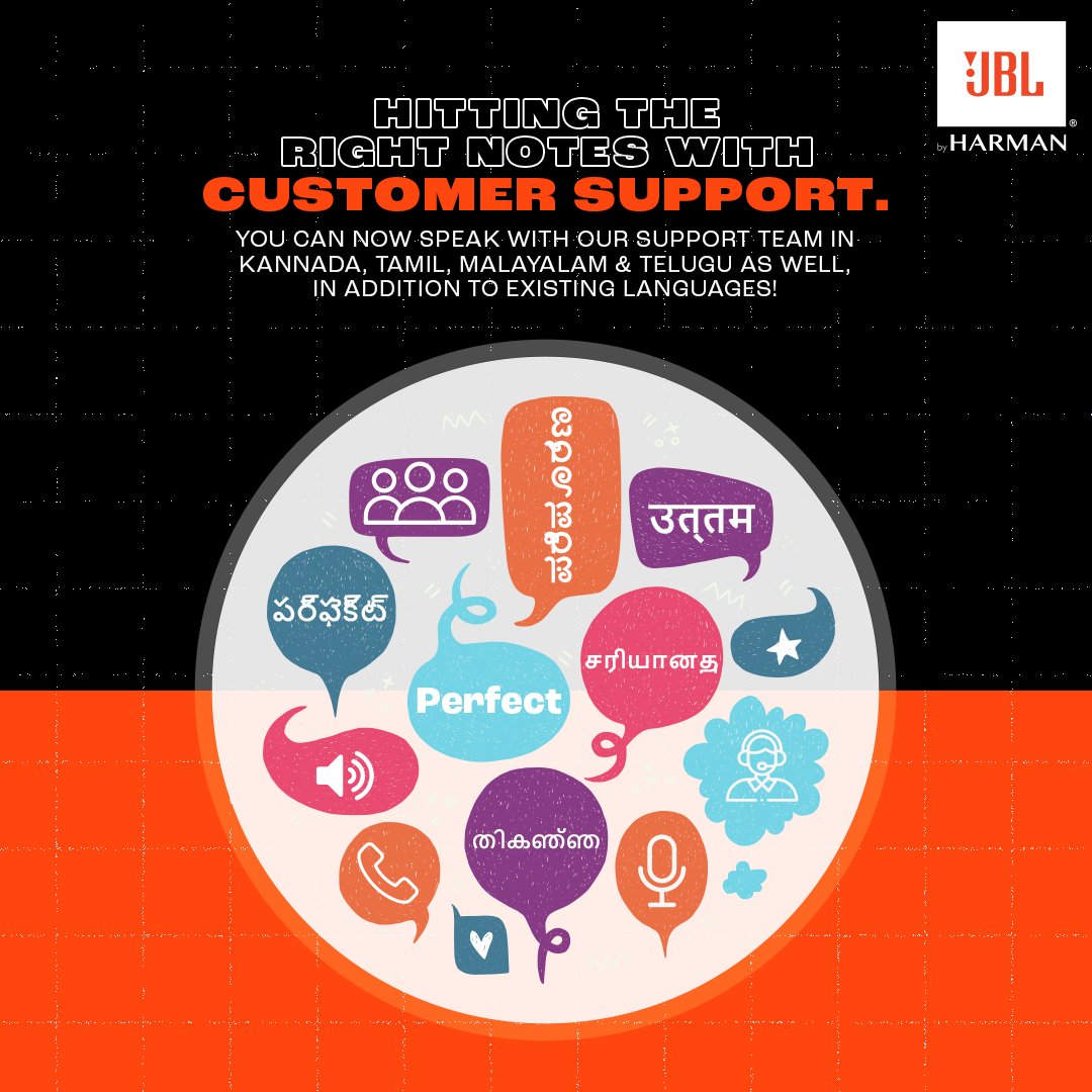 JBLSoundIn's tweet photo. We’re elevating not just your listening experience but expanding your #JBLcustomersupport experience too! We’ve extended language support in 4 additional languages namely English, Hindi, Kannada, Tamil, Malayalam &amp; Telugu, at our Contact Centre.*
*Applies to Voice Support only https://t.co/TTBjCkKkoY