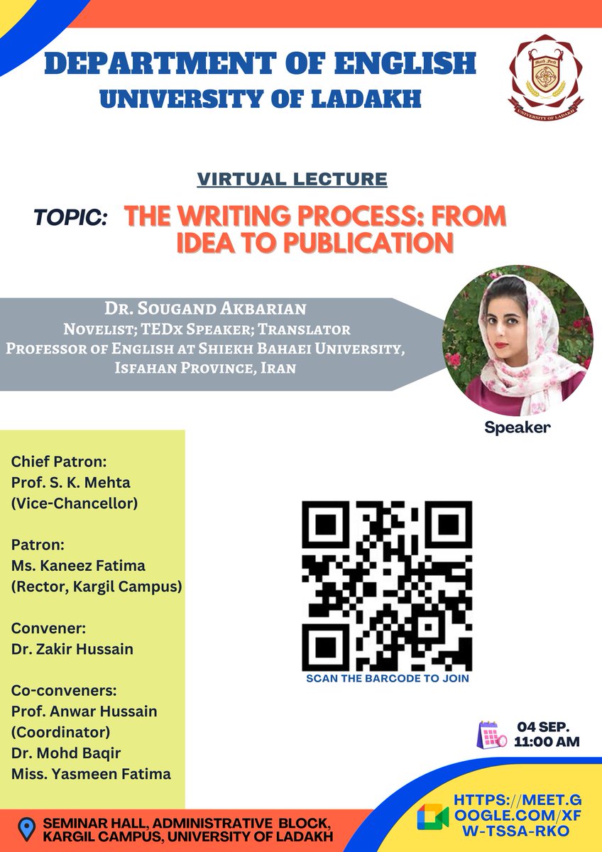 Hussain Zakir | ཟ་ཀིར ཧུ་སེན (@husayn_zak) on Twitter photo The Department of English, <a href="/ULadakh/">UNIVERSITY OF LADAKH</a>, organises a virtual Talk on 04 Sep., at 11:00 AM (IST).
Speaker: Dr. Sougand Akbarian
Topic: "The Writing Process: From Idea to Publication"
link: meet.google.com/xfw-tssa-rko
The speaker will focus on discussing the craft of writing fiction. The Department of English, <a href="/ULadakh/">UNIVERSITY OF LADAKH</a>, organises a virtual Talk on 04 Sep., at 11:00 AM (IST).
Speaker: Dr. Sougand Akbarian
Topic: "The Writing Process: From Idea to Publication"
link: meet.google.com/xfw-tssa-rko
The speaker will focus on discussing the craft of writing fiction.