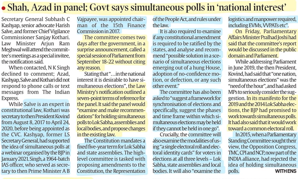imRavikantYadav's tweet image. #OneNationOneElection 
*Govt Notifies Panel,lone Opp name #AdhirRanjanChowdhury withdraws
*The Panel Members who will study the OneNationOneElection idea: Details

More info..

#OneNationOneElectionCode #OneNationOnePoll 
#ParliamentSpecialSession 
#elections 

#UPSC
Source:IE&amp;amp;TH