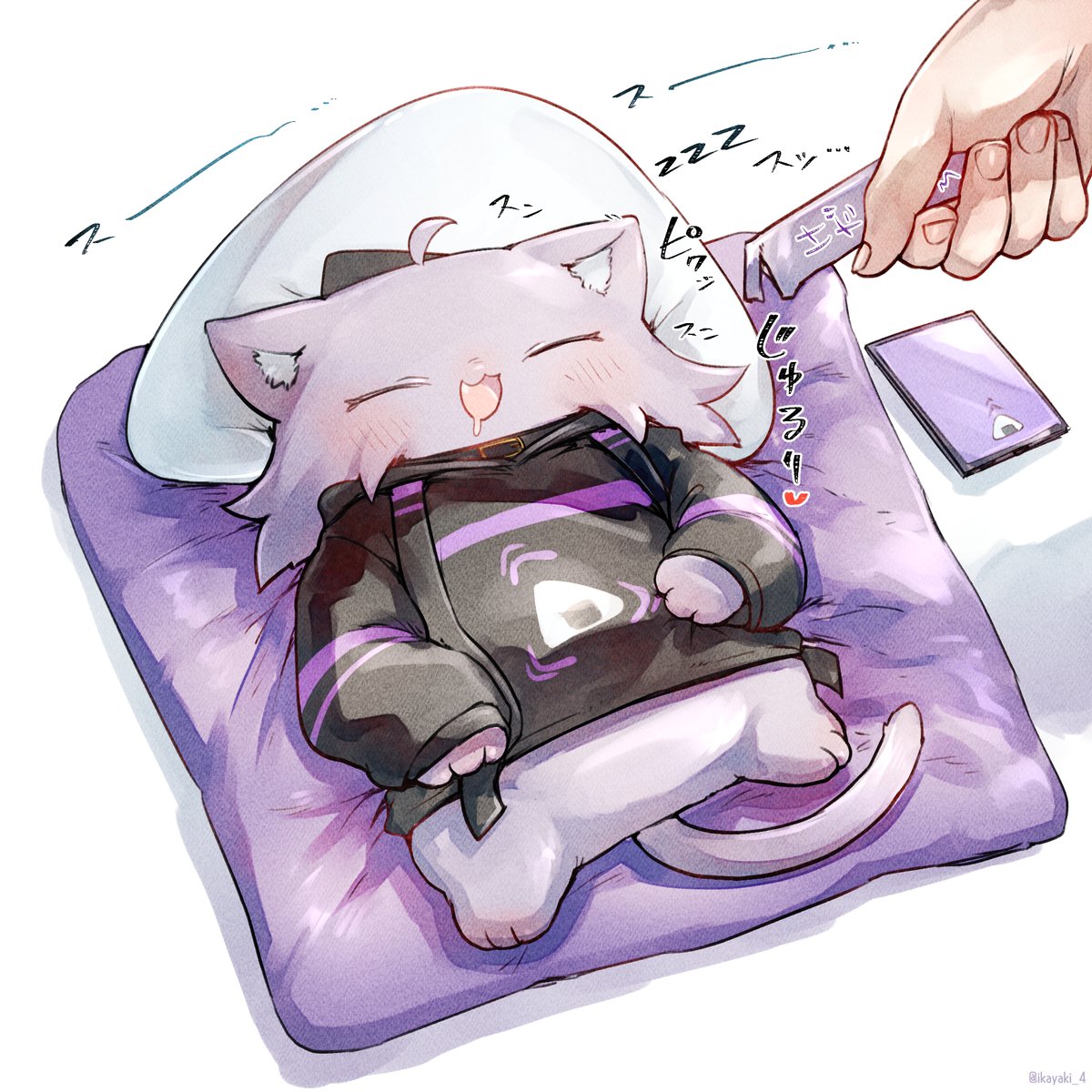 nekomata okayu sleeping phone cellphone pillow smartphone cat ears on back  illustration images