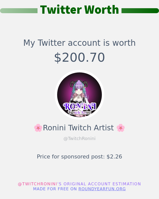 TwitchRonini's tweet photo. My Twitter worth is: $200.70

➡️ https://t.co/HPWzxBWBrm https://t.co/F31Lb091z6