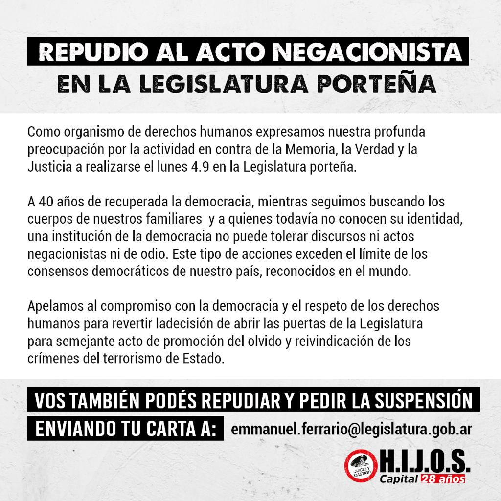 REPUDIAMOS EL ACTO NEGACIONISTA EN LA LEGISLATURA PORTEÑA 

Para enviar cartas para pedir la suspensión de la actividad: emmanuel.ferrario@legislatura.gob.ar