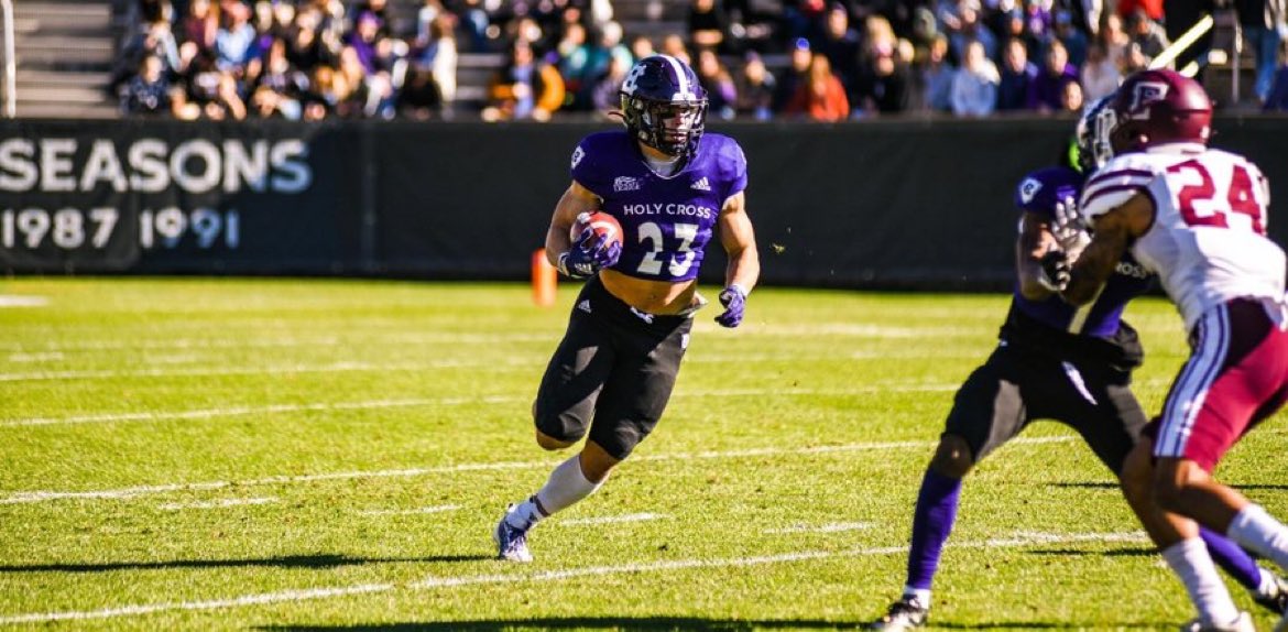 MLFootball's tweet photo. SUPERSTAR IN THE MAKING: 

Holy Cross has got themselves a STUD back.

In today's victory over Merrimack, Jordan Fuller had 13 rushing attempts for 120 yards and 4 touchdowns. 9.2 yards per carry is OFF THE CHARTS🤯🤯🤯

The sophomore RB scored FIVE TOUCHDOWNS.

BE AWARE. @jordanfuller27  IS THE NEXT GREAT👀

(Via @nesportreview)