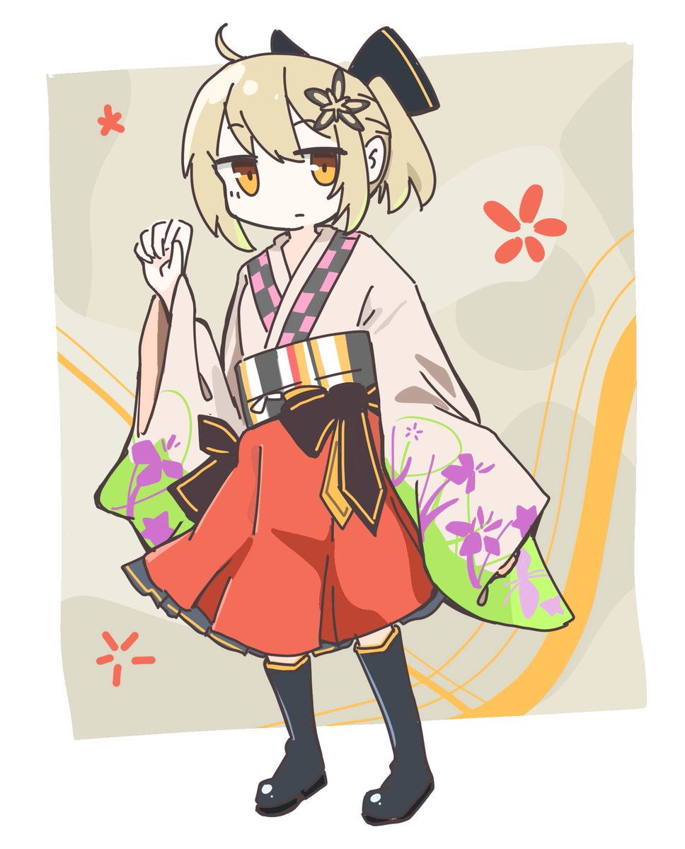 1girl solo japanese clothes boots kimono black footwear bow  illustration images